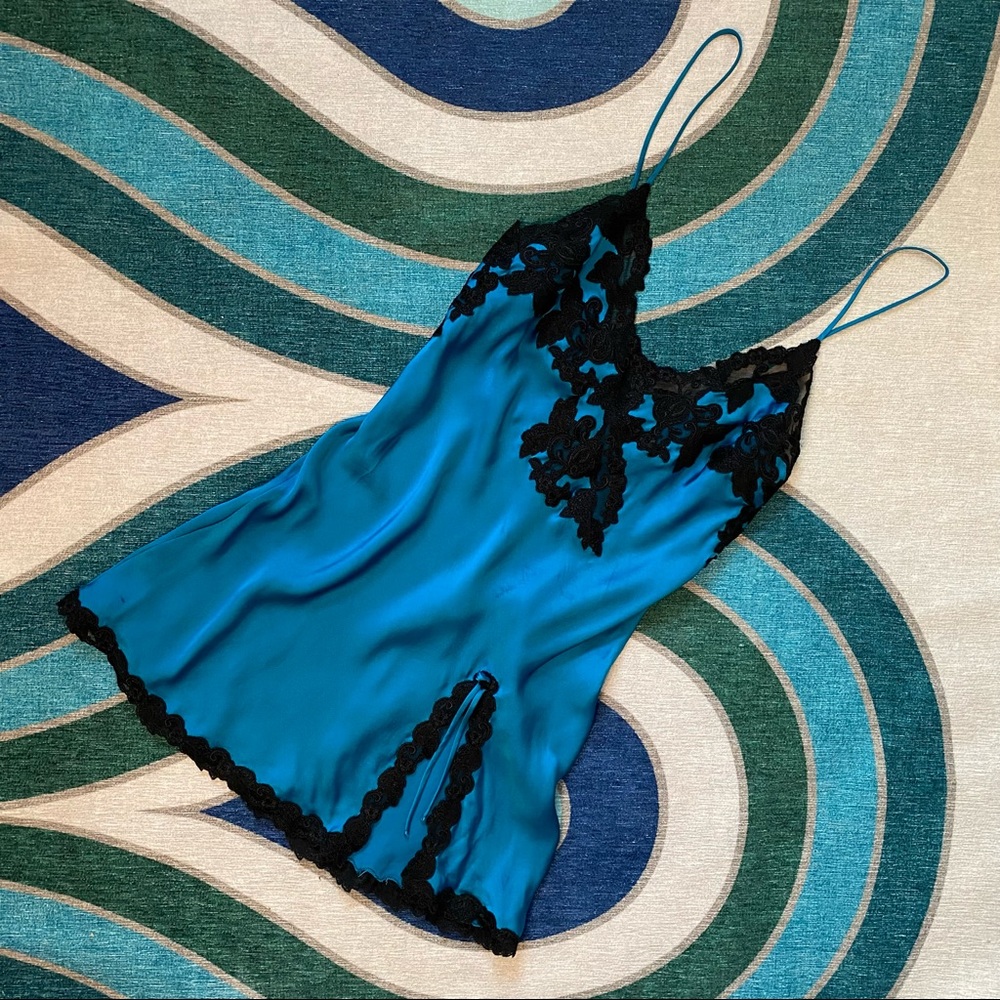 La Perla blue satin slip lingerie nightie with black lace